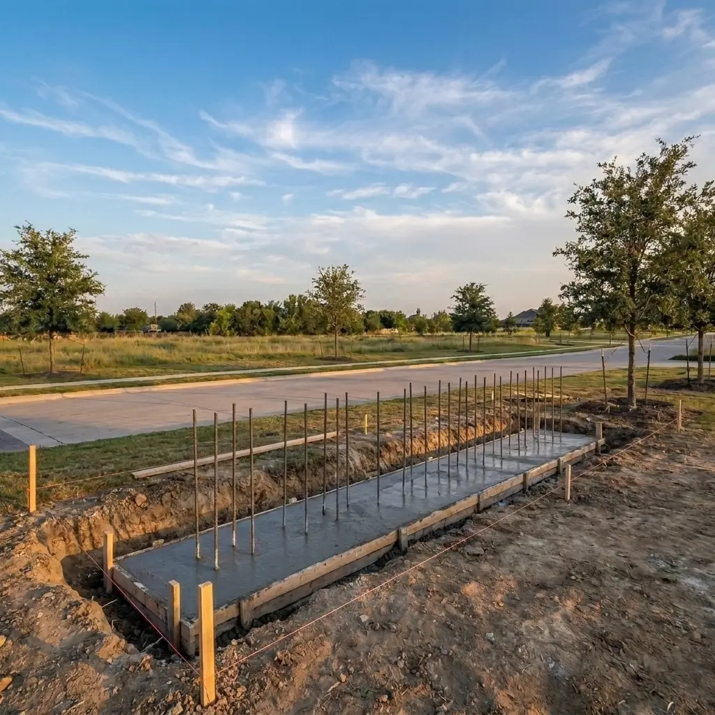 Concrete foundation footing with rebar dowels at a monument construction site