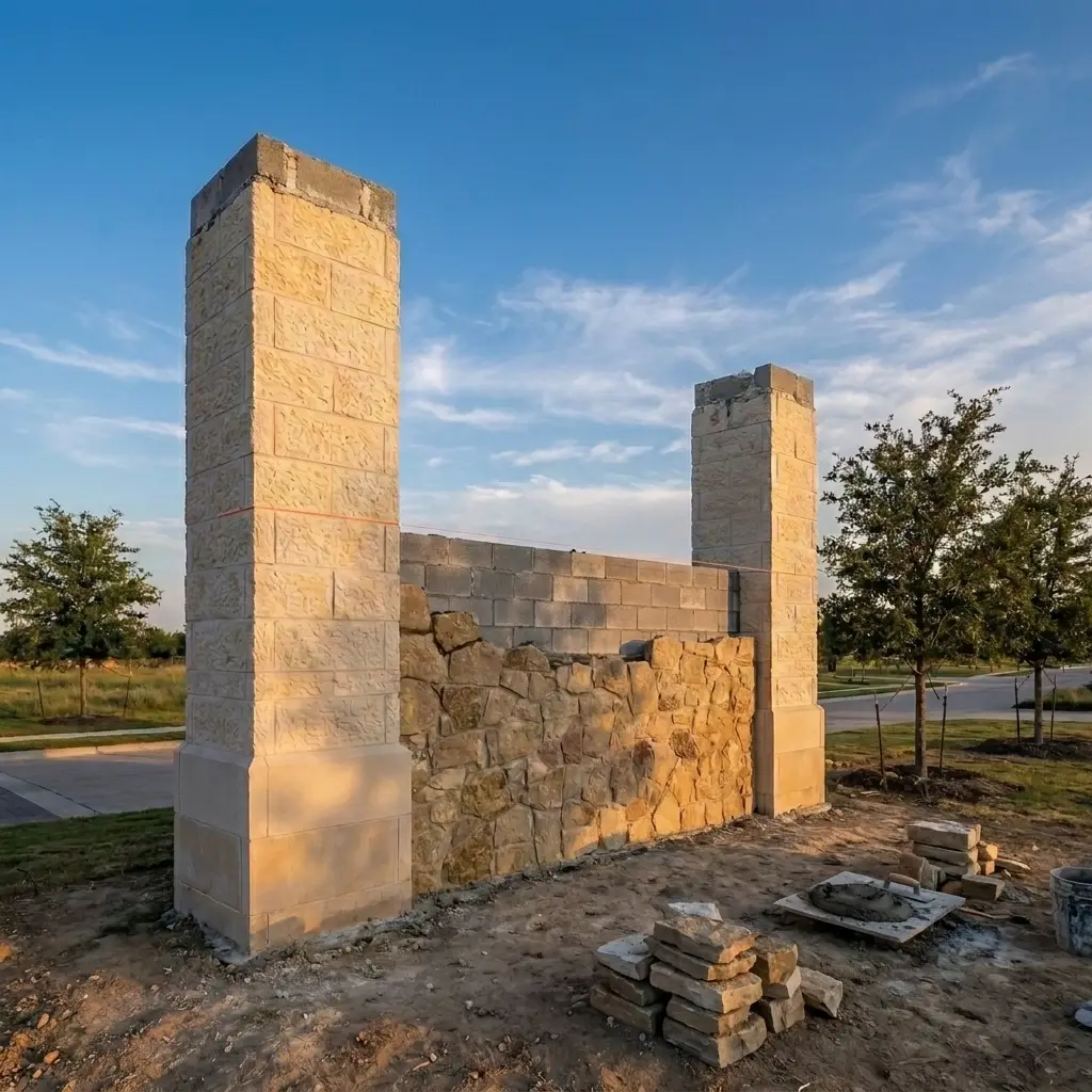 Two limestone columns standing with the connecting wall half built