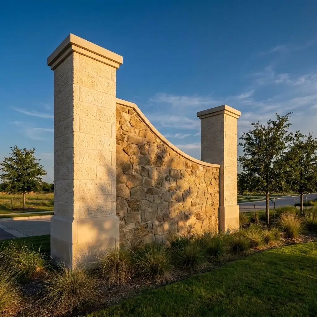Monument with limestone caps installed on columns and wall