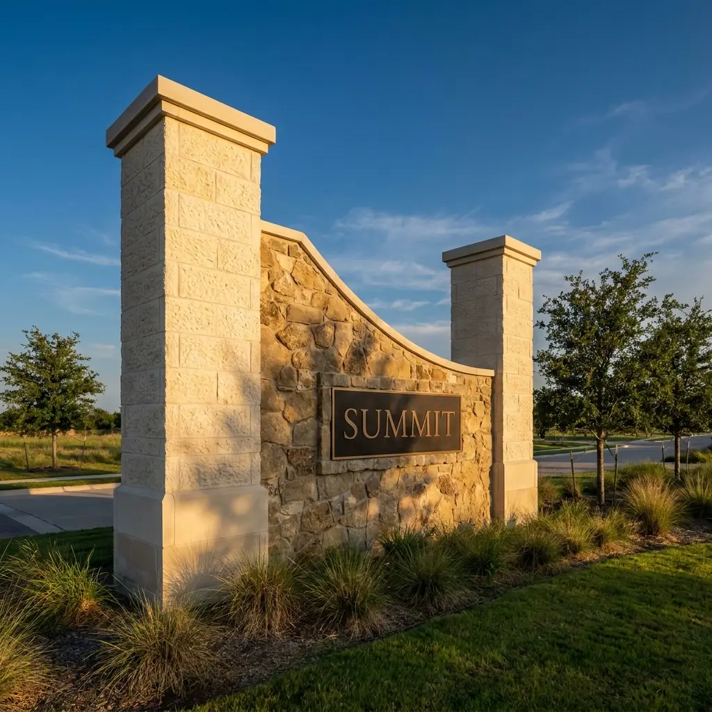 Completed limestone entry monument at golden hour with engraved bronze signage